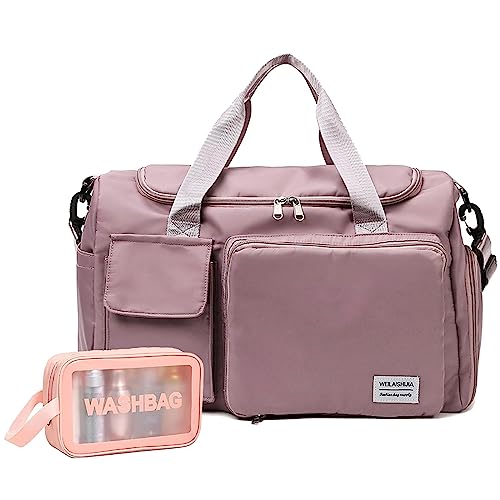 Travel Bag, Large Capacity Folding Travel Bag, Sports Gym Bag with Wet Pocket & Shoes Compartment, Foldable Travel Duffel Bag, Weekender Overnight Bag for Women and Man - color: Pink+Toiletry Bag