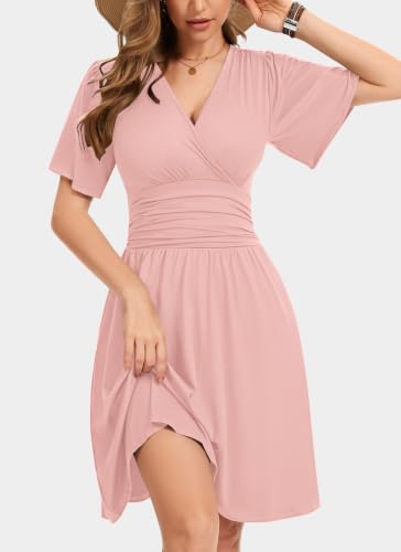 Womens Summer Dress Ruffle Sleeve V Neck Wrap Dress with Pockets - color: Light Pink, size: Small