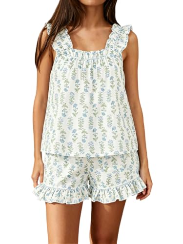 Women's Summer Pajama Set Cotton Ruffle Loungewear Sets - color: Blue Lotus, size: Large