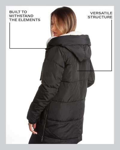 Steve Madden Womens Winter Jacket, Midlength Puffer Parka Coat, Sherpa Hood - color: Black, size: 1X