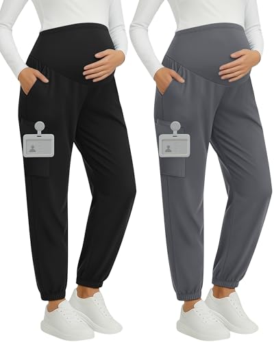 Oakgarden 2 Pack Women's Maternity Scrub Pants Pregnancy Scrubs - color: Black, Light Gray, size: Medium