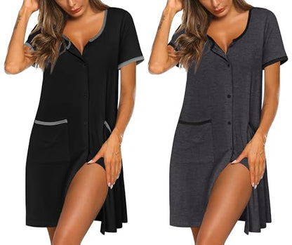Ekouaer 2 Pack Nightgowns for Women Button Down Houese Dress with Pockets - color: Black/Dark Grey, size: Medium