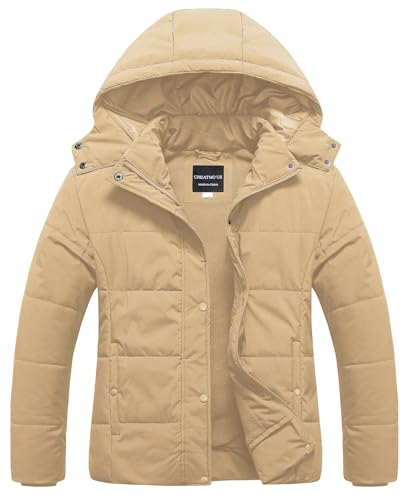 CREATMO US Women's Plus Size Warm Puffer Jacket Waterproof Fleece Lined Winter Coat with Removable Hood - color: Khaki, size: 3X