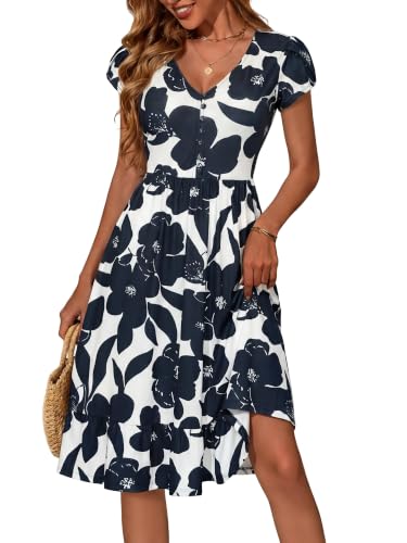 FENSACE Tulip Sleeve V Neck Button Down Dress with Pockets - color: White Navy Blue Floral-1, size: Small