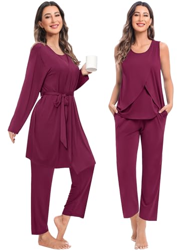 SWOMOG Maternity Nursing Robe Set 3 PCS Postpartum Breastfeeding Pajamas Hospital Pregnancy Pjs Double Layer Lounge Set - color: Burgundy, size: Medium