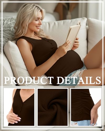 3 Pack Women Maternity Henley Tank Tops - color: Black, White, Coffee, size: Large