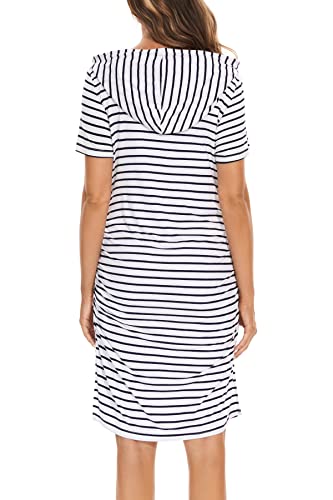 Women's Maternity Hoodie Dress Short Sleeve Split Side Ruched Pregnancy Clothes - color: White Navy Stripe, size: Small