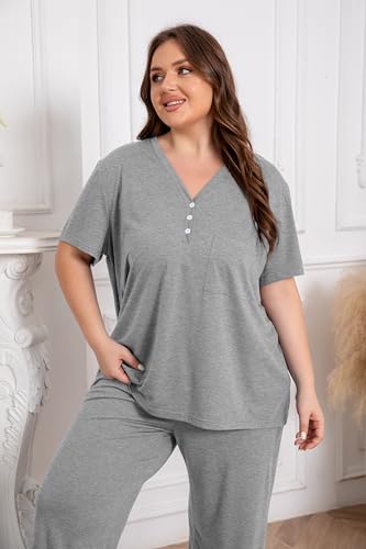 Vozanet Women's Plus Size Pajama Sets V Neck Pants Sets Solid Color Button Sleepwear Soft Loungewear Nighty with Pockets - color: Light Gray, size: 3X-Large