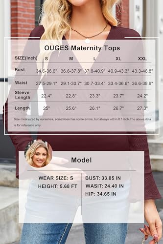 OUGES Women's Maternity Shirts Long Bell Sleeve Casual V Neck Tops Fall Fashion Textured Pregnancy Blouse - color: Wine Red, size: X-Large