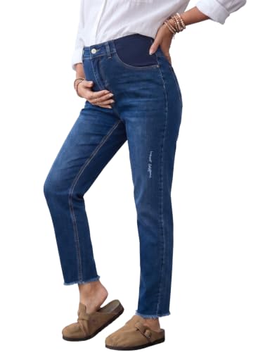 BLENCOT Womens Maternity Jeans High Waisted Pregnancy Denim Pants - color: Dark Blue, size: Medium