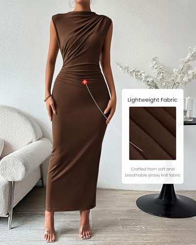 BTFBM Women Ruched Bodycon Maxi Dresses Summer Casual - color: Coffee, size: Small