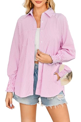 OUGES Women's Cotton Blend Oversized Boyfriend Collar Shirts Smocked Cuffed Striped Button Down Blouse Tops with Pockets - color: Pink, size: X-Large