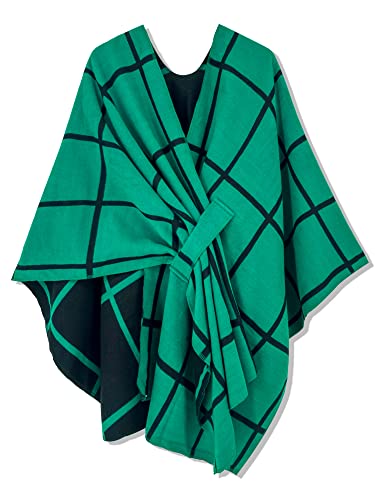 Moss Rose Women Shawl Wrap Poncho Open Front Cardigan Shawl for Fall Winter - color: Green&black, size: One Size