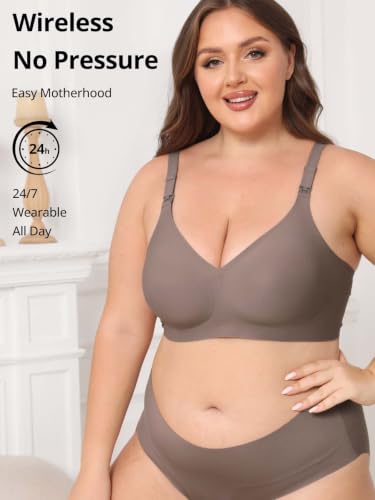 Jelly Support Wireless Nursing Bra V Neck Front Easy Open Clips Maternity Breastfeeding Bralette - color: Brown, size: Large