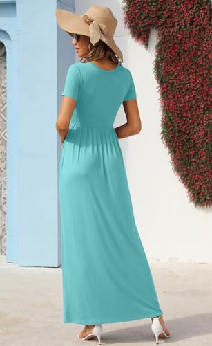 GRECERELLE Womens Summer Long Maxi Dresses 2026 Short Sleeve V Neck Casual Button Dress with Pockets - color: Cyan, size: Medium