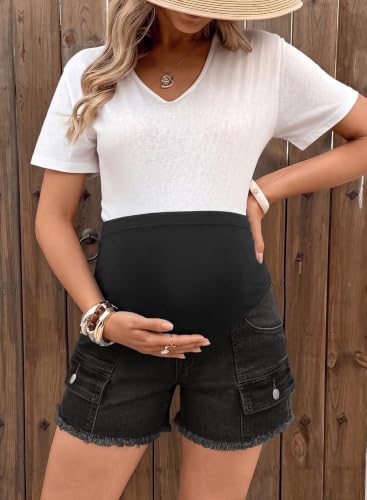 BLENCOT Maternity Denim Cargo Shorts Over Belly Soft Stretch Frayed - color: Black, size: Large