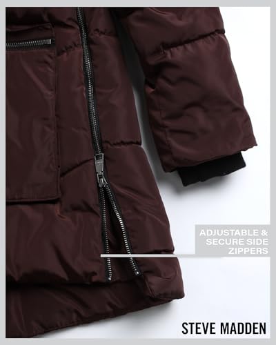 Steve Madden Womens Winter Jacket, Midlength Puffer Parka Coat, Sherpa Hood - color: Brown, size: X-Large