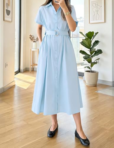 ZESICA Women's Summer Button Down Short Sleeve Midi Dress - color: Lightblue, size: X-Large