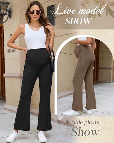 3 Pack Women's Maternity Pants Comfy Flare Trousers - color: Black, Coffee, Cream, size: Medium