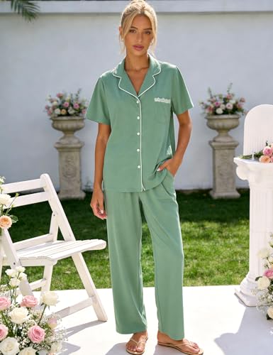 Flygo Womens Button Down Pajama Set Short Sleeve Top Long Pants Soft Loungewear Pjs Set with Pockets - color: Beangreen, size: Small