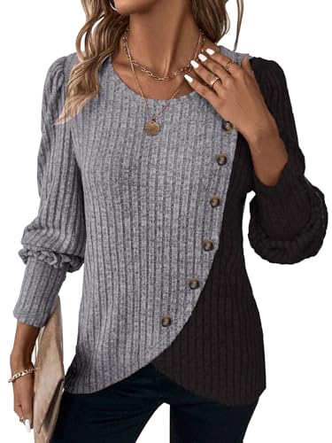 MixShe Womens Knit Sweaters 2026 Fall Winter Casual Long Sleeve Ribbed Colorblock Button Pullover Tops - color: Light Grey, size: Small