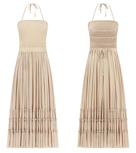 R.Vivimos Womens Summer Boho Sexy Backless Long Dresses - color: Apricot, size: Small