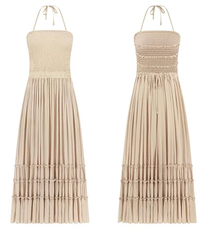 R.Vivimos Womens Summer Boho Sexy Backless Long Dresses - color: Apricot, size: Small