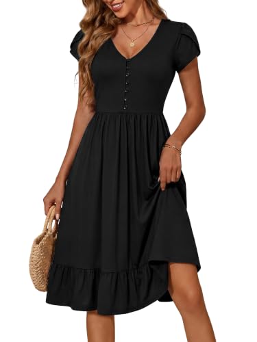 FENSACE Tulip Sleeve V Neck Button Down Dress with Pockets - color: Black-1, size: Small