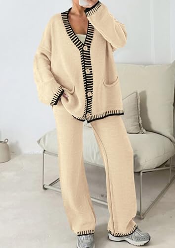 PRETTYGARDEN Women's Fall 2 Piece Knit Sweater Lounge Set - color: Beige, size: Large