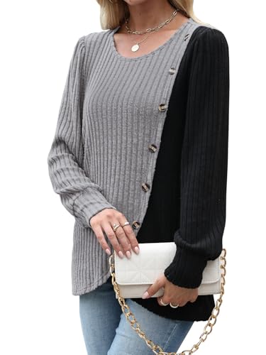 MixShe Womens Knit Sweaters 2026 Fall Winter Casual Long Sleeve Ribbed Colorblock Button Pullover Tops - color: Light Grey, size: Small