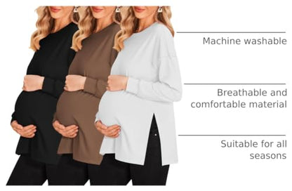 Ekouaer 3 Packs Maternity Shirts Split Side Pregnancy Workout Tops - color: 3pcs- Black + Brown + White, size: Medium