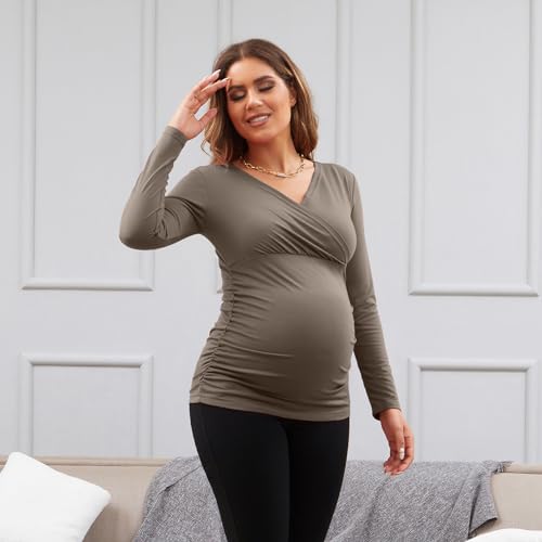Maternity Shirt Long Sleeve Top Wrap V Neck Blouse Cross Over Nursing Tshirt - color: Dark Grey /Coffee /Caramel, size: Large