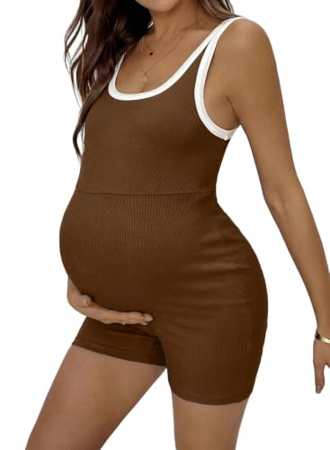 BLENCOT Maternity Stretchy Romper Summer Sleeveless Round Neck Jumpsuit - color: Brown, size: Medium