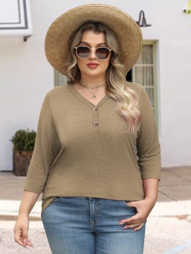 Womens Summer Plus Size 3/4 Length Sleeve Tops Button Down Shirts L-4XL - color: Beige, size: Large