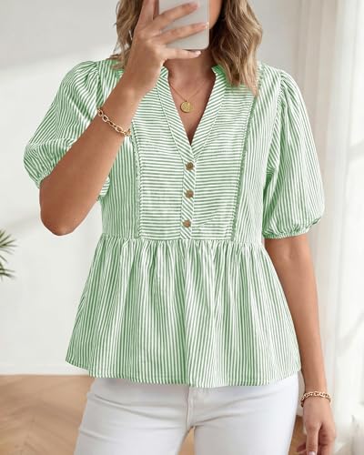 dowerme Women Lantern Sleeve Button Up Stripes Babydoll Tops - color: Green, size: Medium