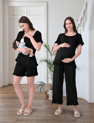 SUNNYBUY 3 PCS Ruffle Nursing Pajamas Set with Bow, Maternity Sleepwear - color: Black, size: Medium