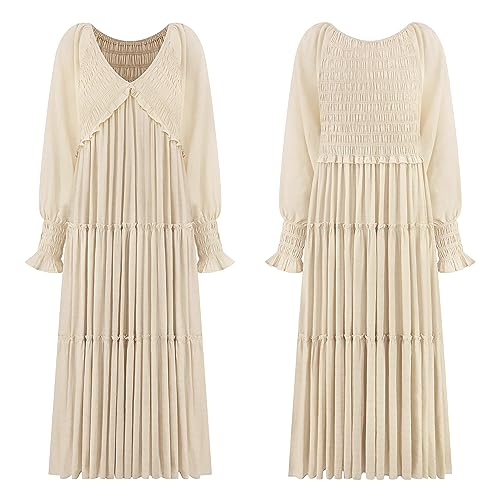 R.Vivimos Long Sleeve V Neck Flowy Maxi Dresses for Women - color: Beige, size: X-Large
