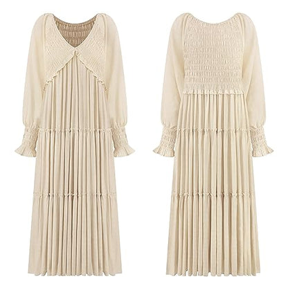 R.Vivimos Long Sleeve V Neck Flowy Maxi Dresses for Women - color: Beige, size: X-Large