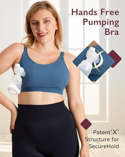 Momcozy Hands Free Pumping & Nursing Bra, Adjustable Cotton Breast Pump Bra - color: Blue, size: Medium