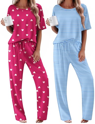 Ekouaer 2 Pack Womens Pajamas Sets Short Sleeve Long Pants Pjs Lounge Set - color: Rose Heart/Light Blue Striped, size: X-Large