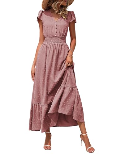 CzzzyL Women Nursing Dresses Cap Short Sleeve V Neck Swiss Dot with Pockets - color: S-pink, size: Medium