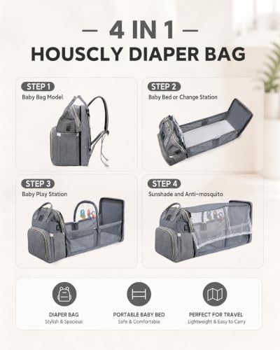 houscly Diaper Bag Backpack with Changing Station, 25L Large Capacity - color: Grey