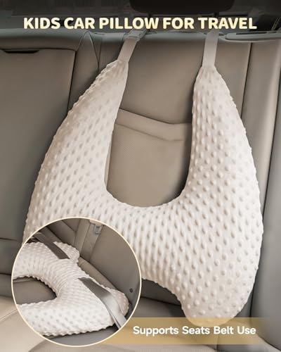 Memory Foam Kids Travel Pillow, Car Pillow for Kids, Velvet Dots, Beige - color: Beige
