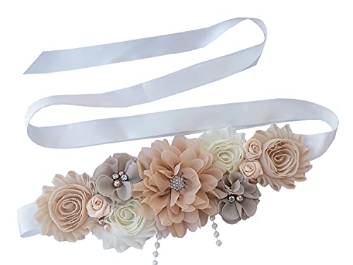 Maternity sash handmade flower sash for baby shower - color: Champagne