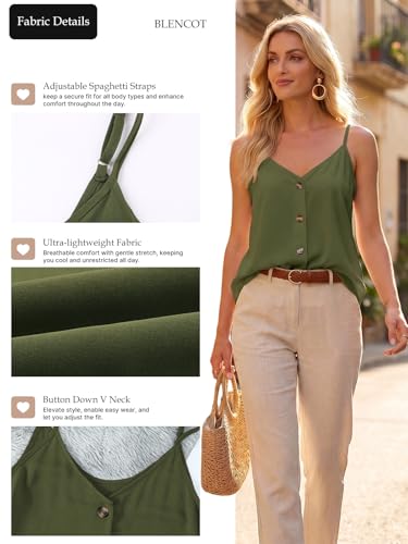 BLENCOT Womens Summer Spaghetti Strap Tank Tops Button Casual Camisoles - color: Green, size: Medium