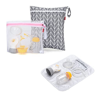 Damero Breast Pump Parts Bag, Pumping Bag with Waterproof Mat and Mesh Bag - color: Gray Arrow
