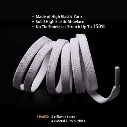 2 Pair Elastic No Tie Flat Shoe Laces for Kids and Adults - Elastic No Tie Shoelaces System - color: White+solid Beige