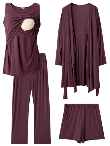 Rnxrbb 4PCS Year-Round Nursing Pajamas Robe Set Postpartum Breastfeeding Pj - color: Deep Purple, size: Small