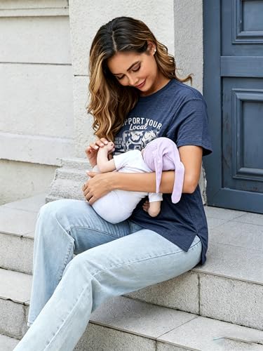 Breastfeeding Shirts for Women Hidden Zippers Nursing Shirt Side Split Tees - color: Blue, size: Large