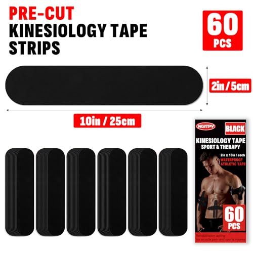 60 Pcs Black Precut Kinesiology Tape Strips, 2in x 10in Kinetic Tape - color: Black